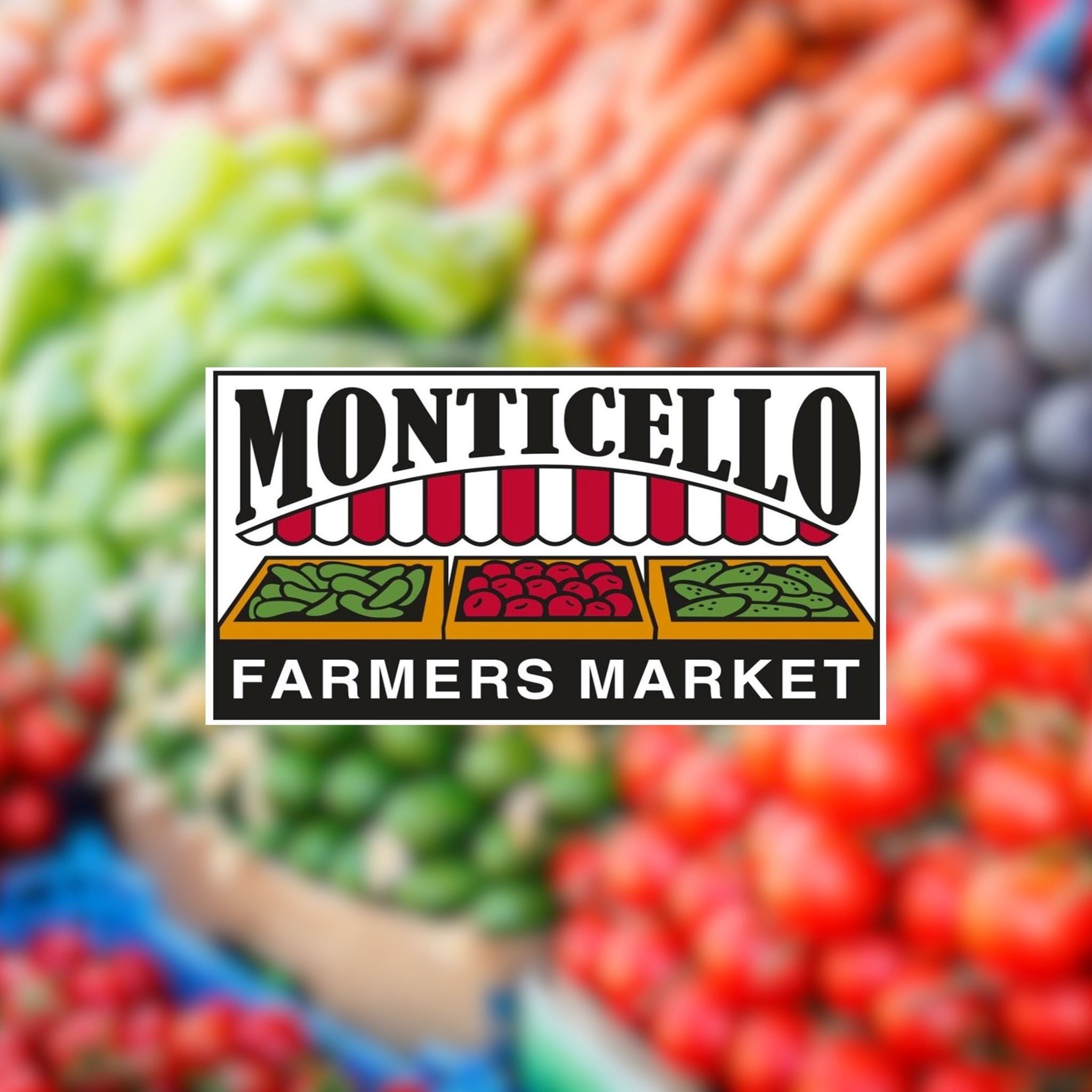 Monticello Farmers Market logo with produce background.