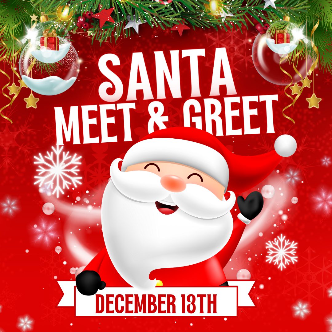 Waving and smiling Santa inviting you to the Santa Meet & Greet on December 13.