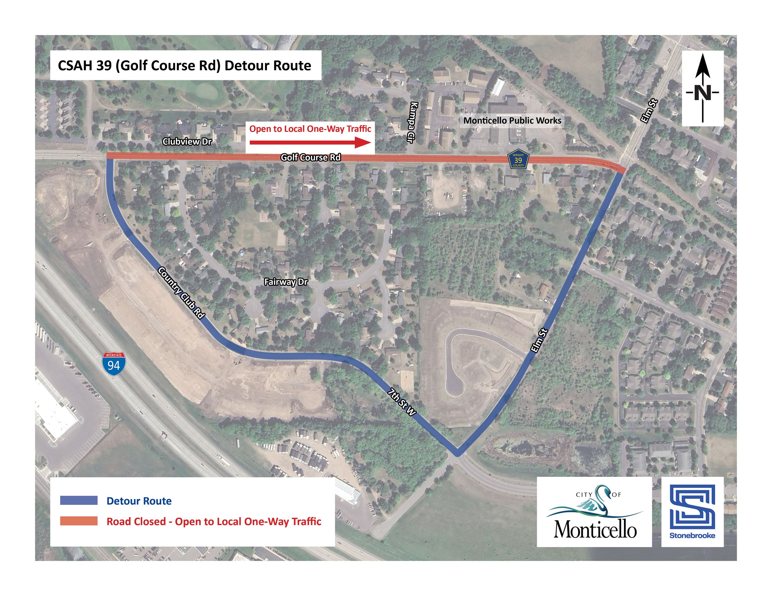 Detour Map for Golf Course Road Trail Project. Traffic will be detoured south on Elm Street to 7th.